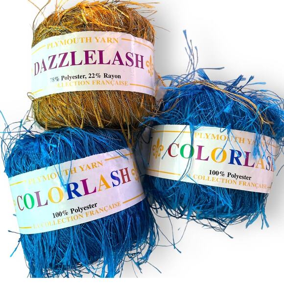 3 Skeins Plymouth Yarn COLORLASH #32 Blue & DAZZLELASH #105 Gold Eyelash Ribbon - Picture 10 of 16
